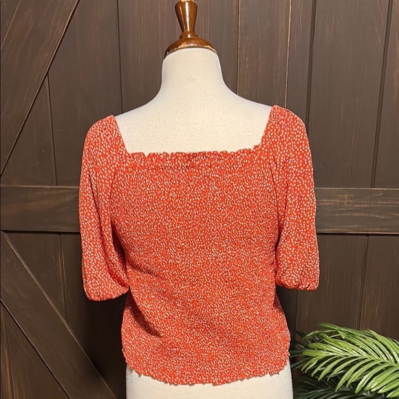 LOFT Orange and White Puff Sleeve Smocked Blouse - Picture 7 of 7